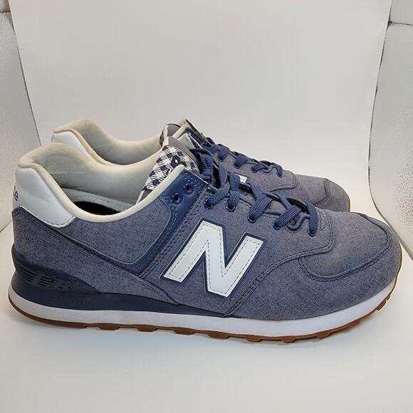 New Balance 574 Sneakers Womens 10.5 Blue Chambray Plaid Lace Up Casual Shoes - Picture 1 of 13